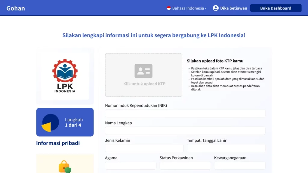 proses registrasi lpk melalui platform gohan